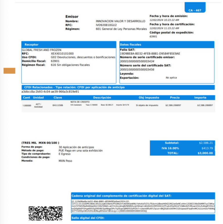 Factura de Anticipo, CFDI de Ingreso Total de la Operación y Nota de ...